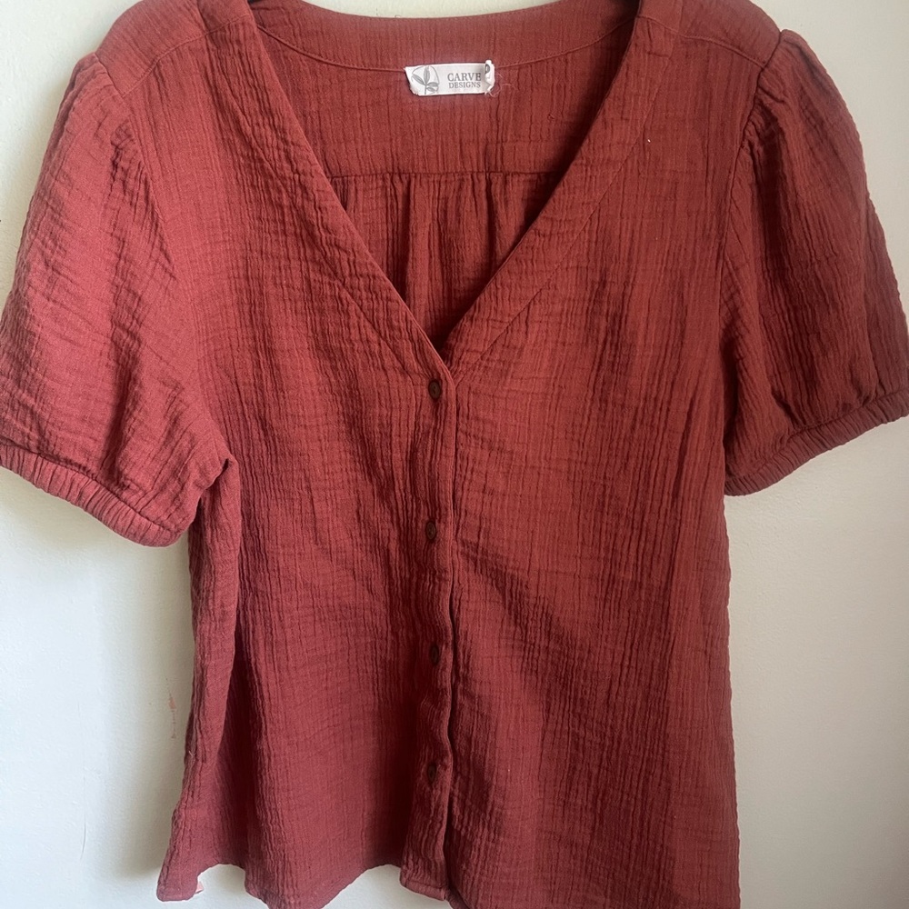 Carve Designs Rust-Red Cotton Gauze Button-Front Blouse